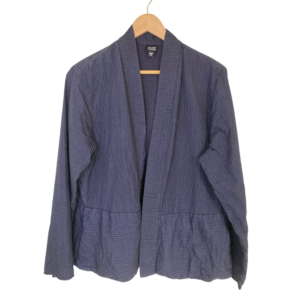 Eileen Fisher XL Navy Blue Silk Cotton Textured Open Front Jacket Kimono Style